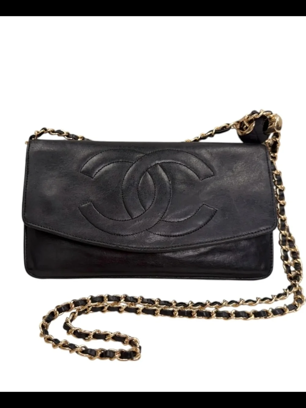 CHANEL Black Leather CC Flap Shoulder Bag with Gold Chain